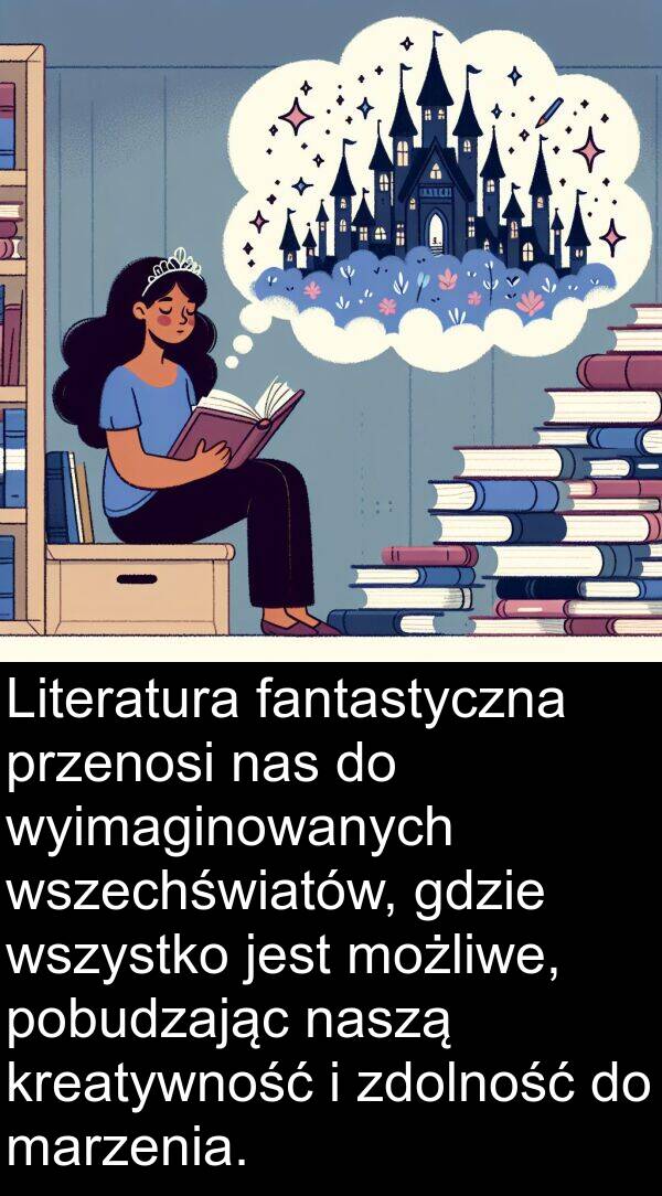 gdzie: Literatura fantastyczna przenosi nas do wyimaginowanych wszechświatów, gdzie wszystko jest możliwe, pobudzając naszą kreatywność i zdolność do marzenia.