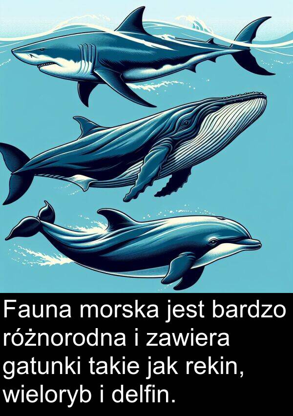 delfin: Fauna morska jest bardzo różnorodna i zawiera gatunki takie jak rekin, wieloryb i delfin.