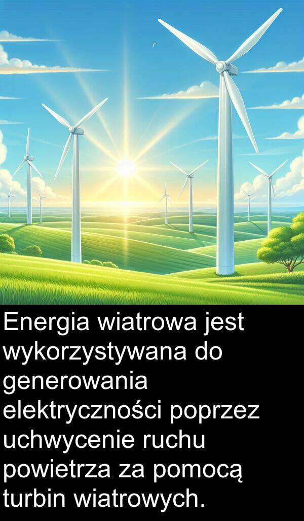 elektryczności: Energia wiatrowa jest wykorzystywana do generowania elektryczności poprzez uchwycenie ruchu powietrza za pomocą turbin wiatrowych.