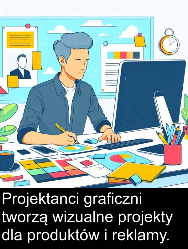 tworzą: Projektanci graficzni tworzą wizualne projekty dla produktów i reklamy.