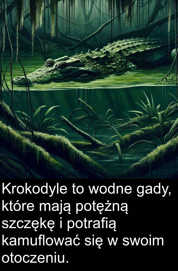 gady: Krokodyle to wodne gady, które mają potężną szczękę i potrafią kamuflować się w swoim otoczeniu.