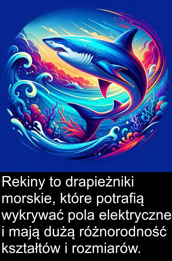 elektryczne: Rekiny to drapieżniki morskie, które potrafią wykrywać pola elektryczne i mają dużą różnorodność kształtów i rozmiarów.