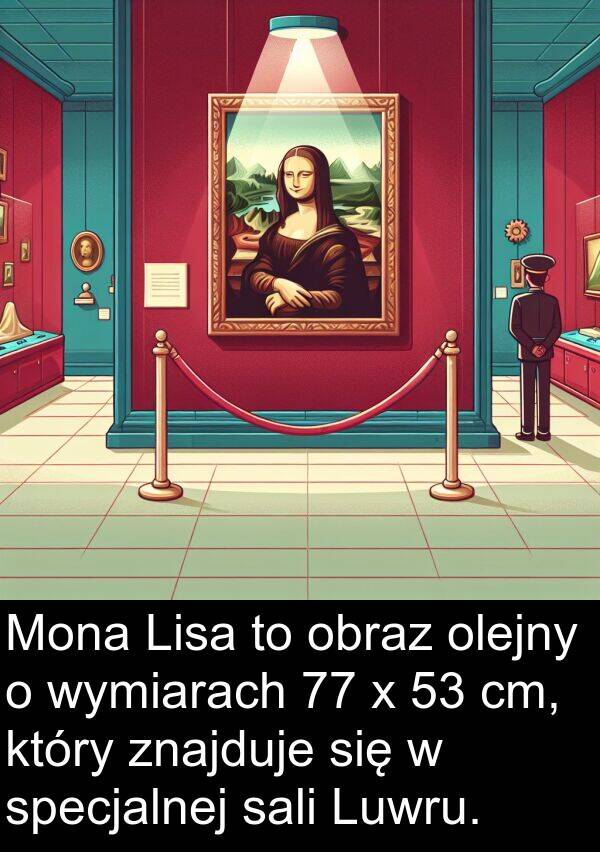 cm: Mona Lisa to obraz olejny o wymiarach 77 x 53 cm, który znajduje się w specjalnej sali Luwru.