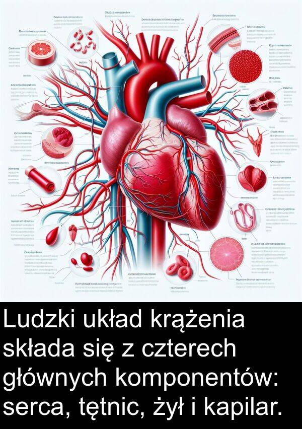 tętnic: Ludzki układ krążenia składa się z czterech głównych komponentów: serca, tętnic, żył i kapilar.