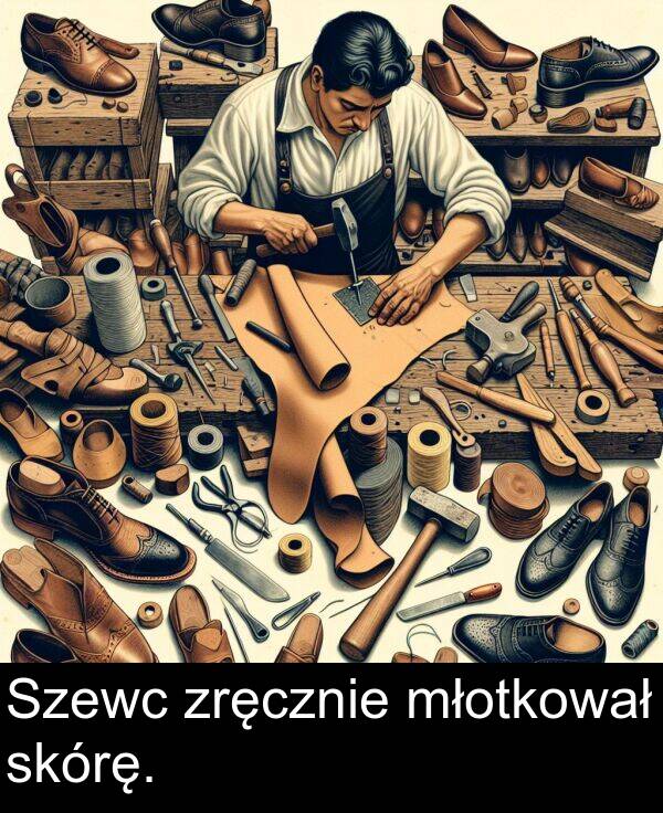 skórę: Szewc zręcznie młotkował skórę.