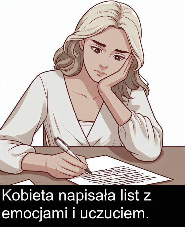 emocjami: Kobieta napisała list z emocjami i uczuciem.