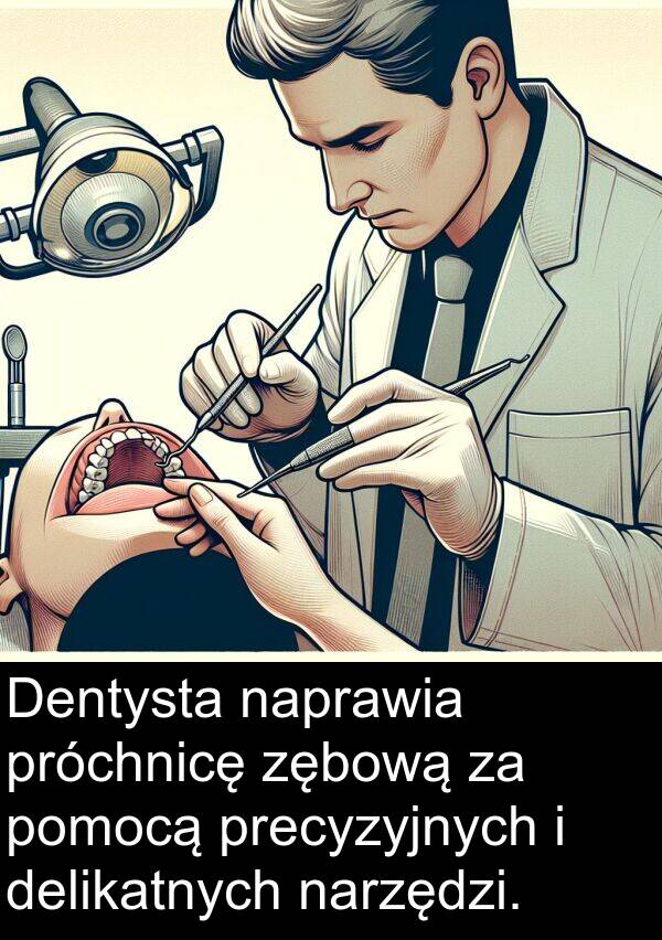 delikatnych: Dentysta naprawia próchnicę zębową za pomocą precyzyjnych i delikatnych narzędzi.