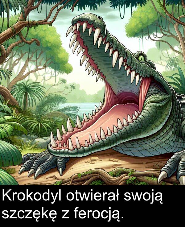 szczękę: Krokodyl otwierał swoją szczękę z ferocją.