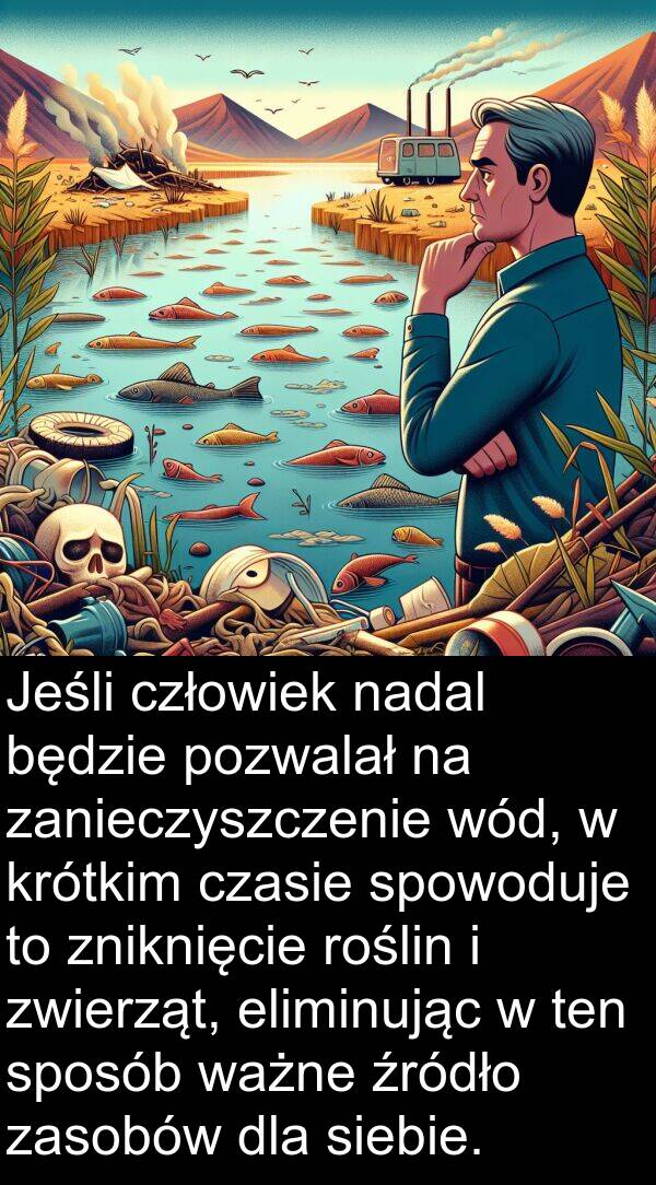 ten: Jeśli człowiek nadal będzie pozwalał na zanieczyszczenie wód, w krótkim czasie spowoduje to zniknięcie roślin i zwierząt, eliminując w ten sposób ważne źródło zasobów dla siebie.