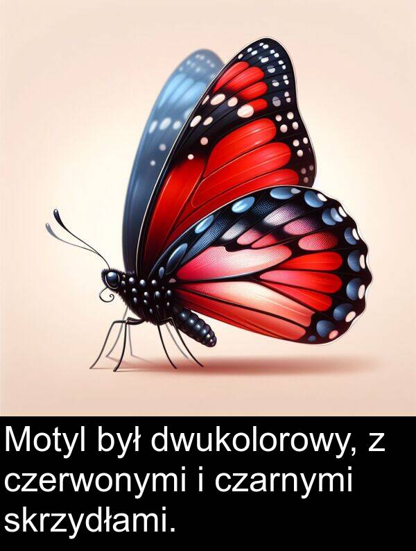 czarnymi: Motyl był dwukolorowy, z czerwonymi i czarnymi skrzydłami.