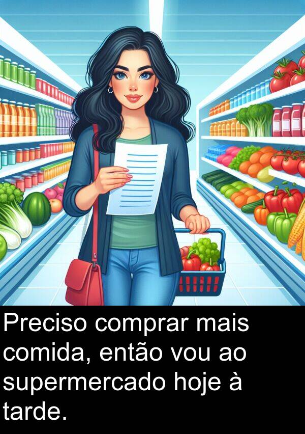 tarde: Preciso comprar mais comida, então vou ao supermercado hoje à tarde.