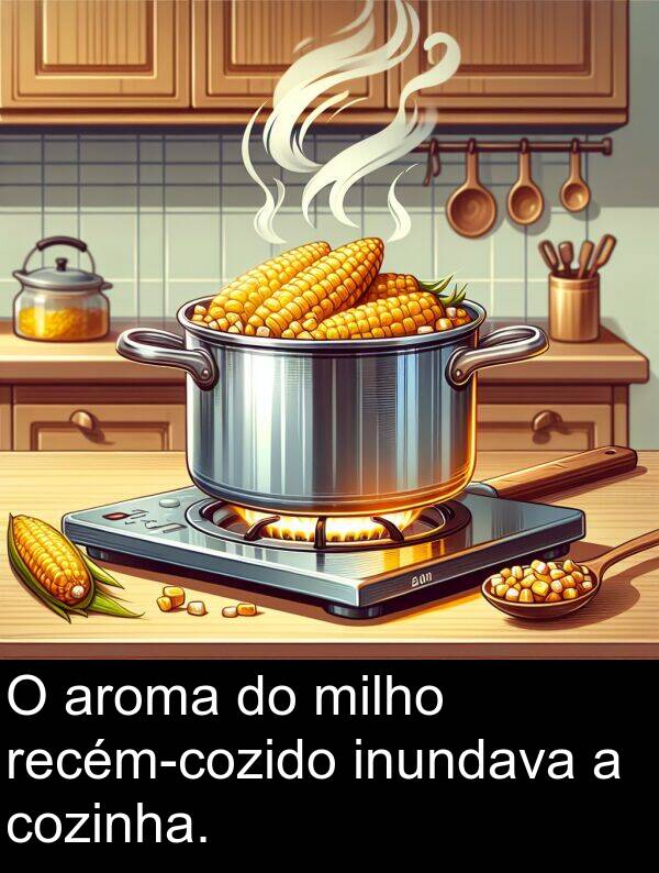 milho: O aroma do milho recém-cozido inundava a cozinha.