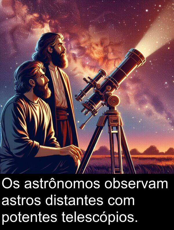 observam: Os astrônomos observam astros distantes com potentes telescópios.