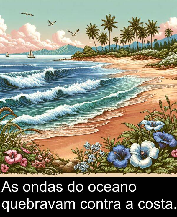 ondas: As ondas do oceano quebravam contra a costa.