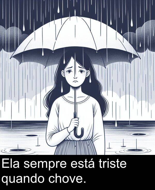 quando: Ela sempre está triste quando chove.