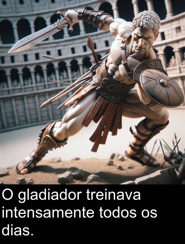 gladiador: O gladiador treinava intensamente todos os dias.