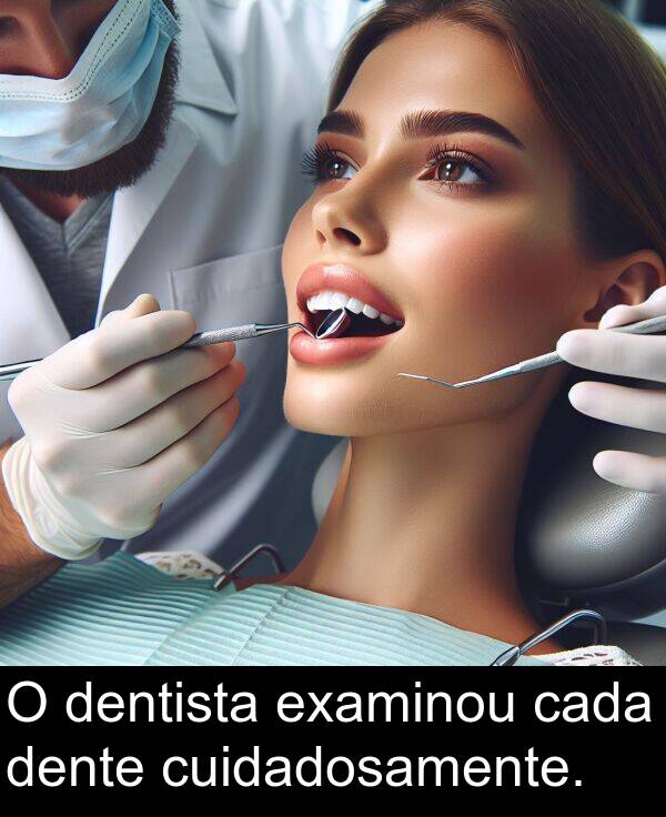 cada: O dentista examinou cada dente cuidadosamente.