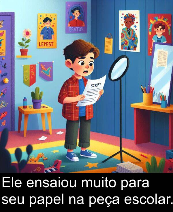 seu: Ele ensaiou muito para seu papel na peça escolar.