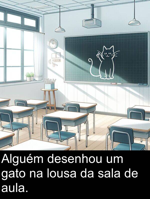 gato: Alguém desenhou um gato na lousa da sala de aula.