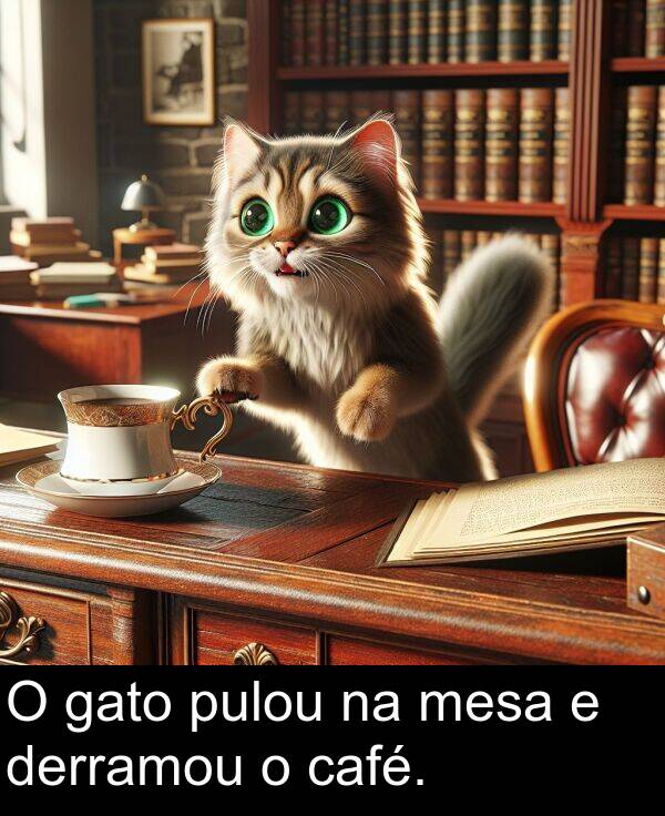 gato: O gato pulou na mesa e derramou o café.