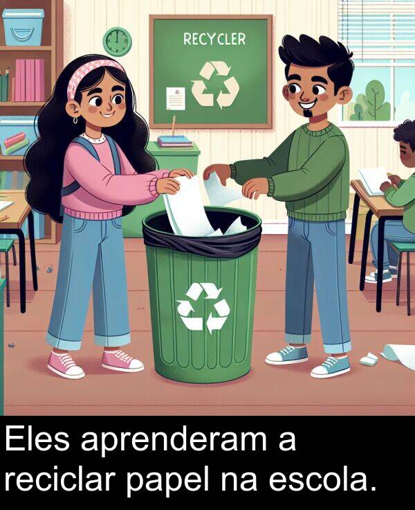 papel: Eles aprenderam a reciclar papel na escola.