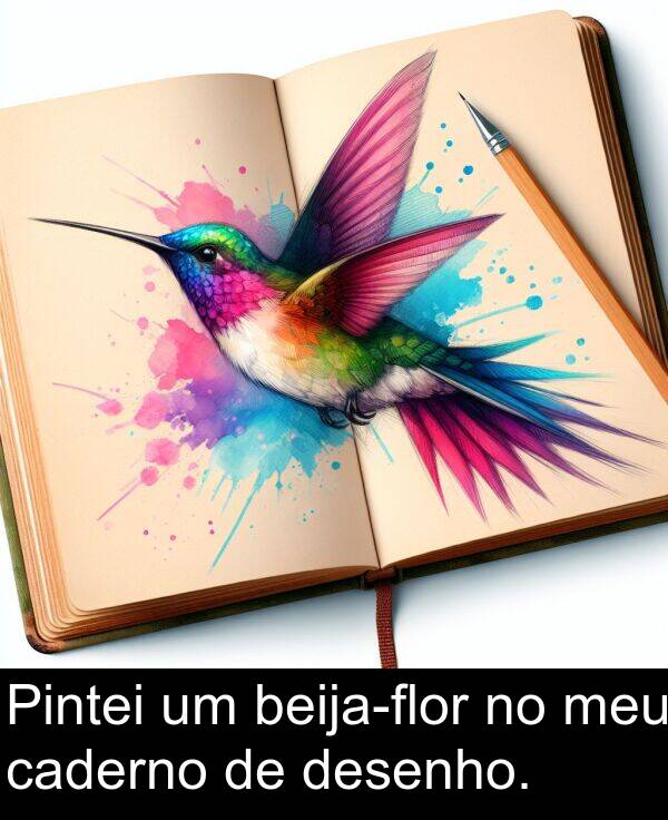 caderno: Pintei um beija-flor no meu caderno de desenho.