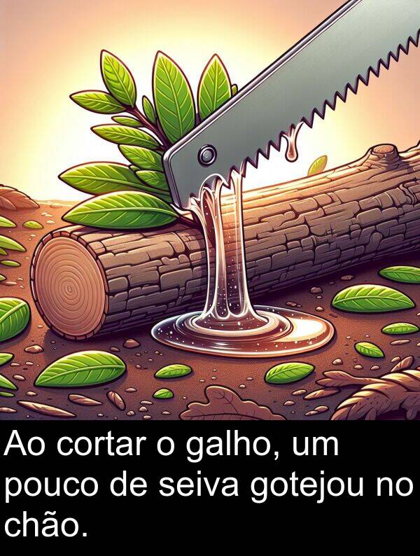 galho: Ao cortar o galho, um pouco de seiva gotejou no chão.