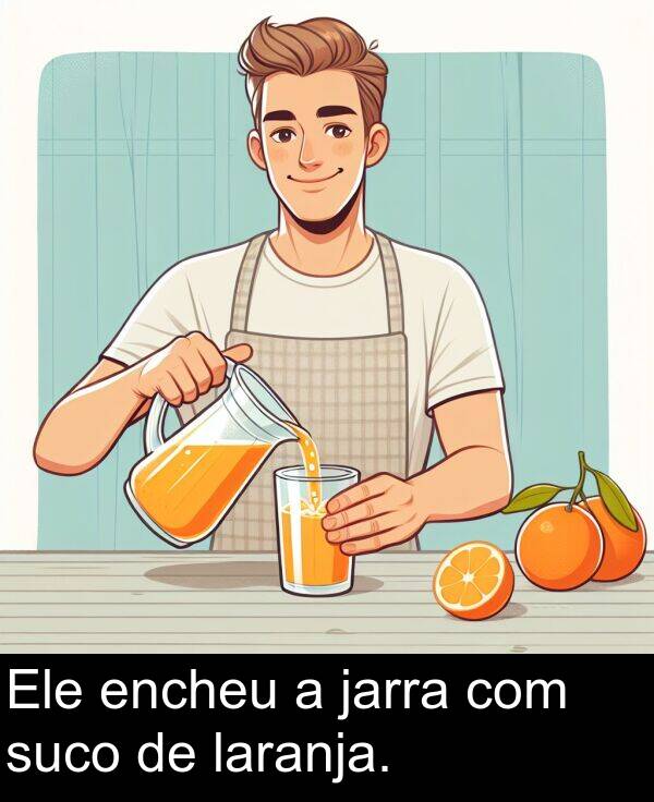 laranja: Ele encheu a jarra com suco de laranja.