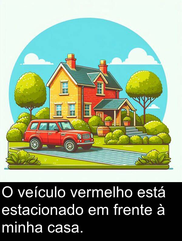 veículo: O veículo vermelho está estacionado em frente à minha casa.