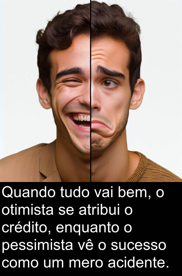 acidente: Quando tudo vai bem, o otimista se atribui o crédito, enquanto o pessimista vê o sucesso como um mero acidente.