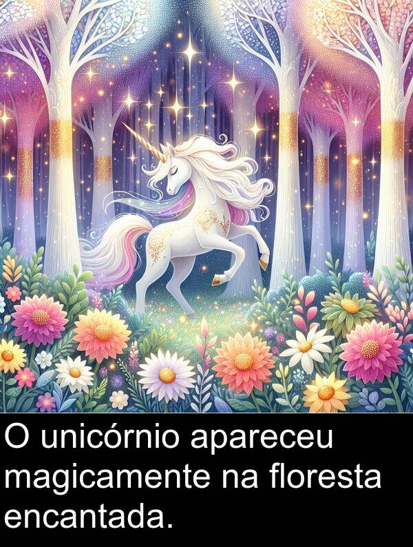 floresta: O unicórnio apareceu magicamente na floresta encantada.