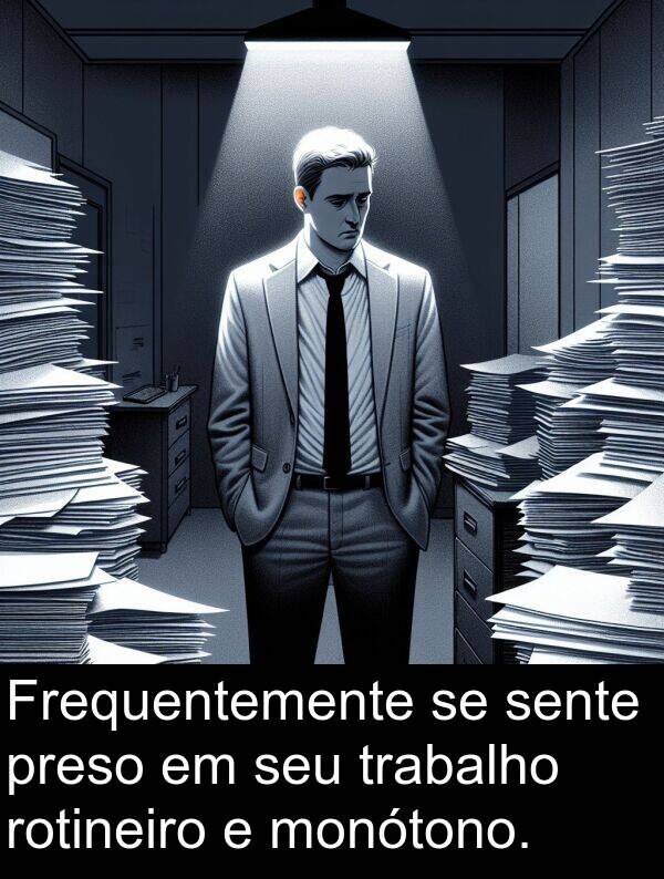 preso: Frequentemente se sente preso em seu trabalho rotineiro e monótono.