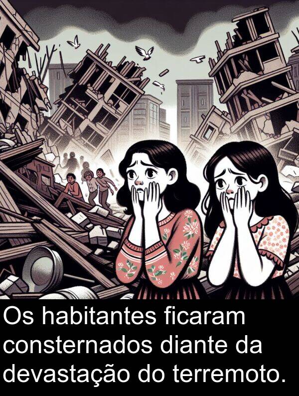 habitantes: Os habitantes ficaram consternados diante da devastação do terremoto.