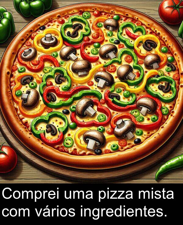 vários: Comprei uma pizza mista com vários ingredientes.