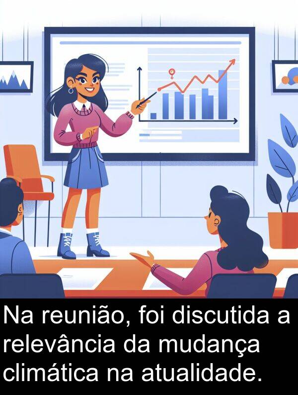 reunião: Na reunião, foi discutida a relevância da mudança climática na atualidade.