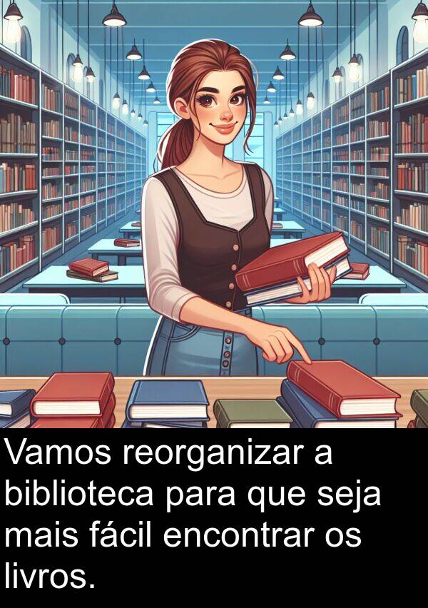 biblioteca: Vamos reorganizar a biblioteca para que seja mais fácil encontrar os livros.