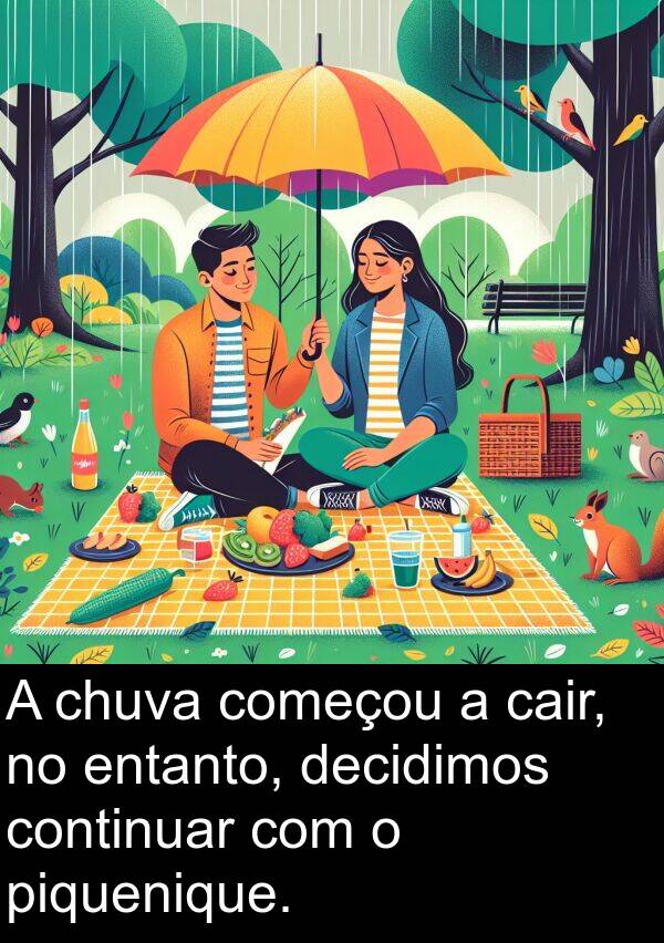 decidimos: A chuva começou a cair, no entanto, decidimos continuar com o piquenique.