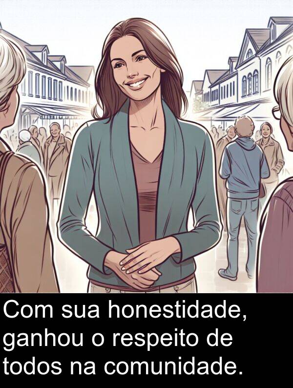 honestidade: Com sua honestidade, ganhou o respeito de todos na comunidade.