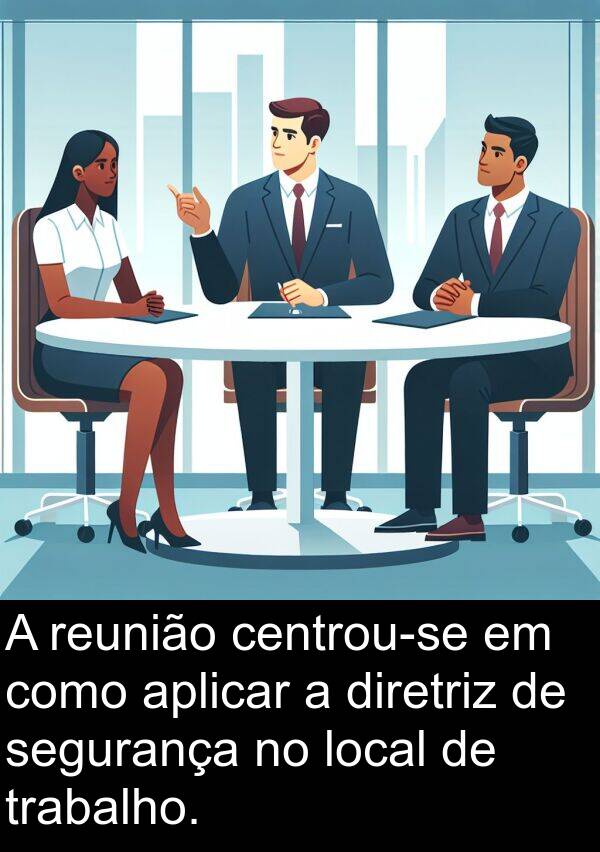 segurança: A reunião centrou-se em como aplicar a diretriz de segurança no local de trabalho.