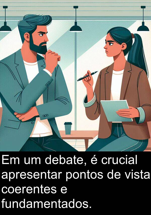 debate: Em um debate, é crucial apresentar pontos de vista coerentes e fundamentados.