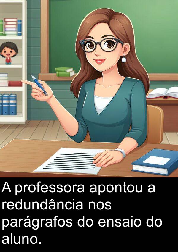 nos: A professora apontou a redundância nos parágrafos do ensaio do aluno.