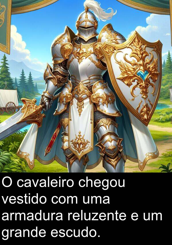 vestido: O cavaleiro chegou vestido com uma armadura reluzente e um grande escudo.