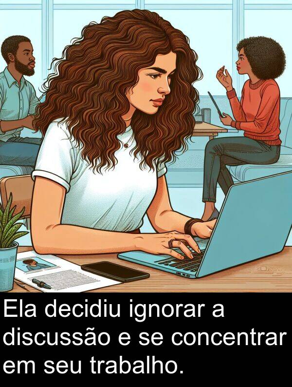 decidiu: Ela decidiu ignorar a discussão e se concentrar em seu trabalho.