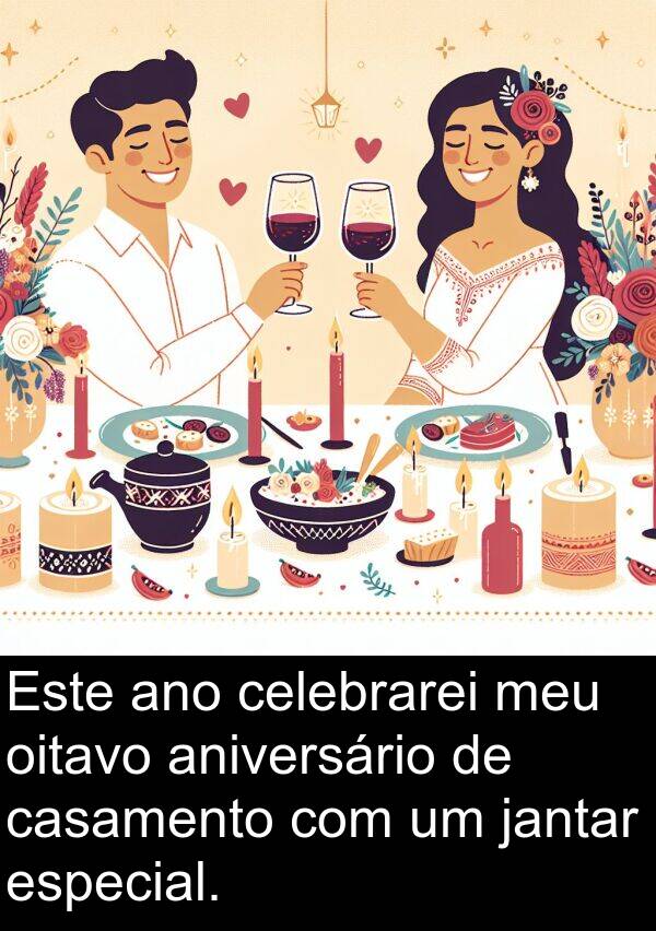 jantar: Este ano celebrarei meu oitavo aniversário de casamento com um jantar especial.