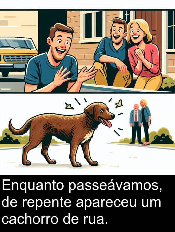 cachorro: Enquanto passeávamos, de repente apareceu um cachorro de rua.