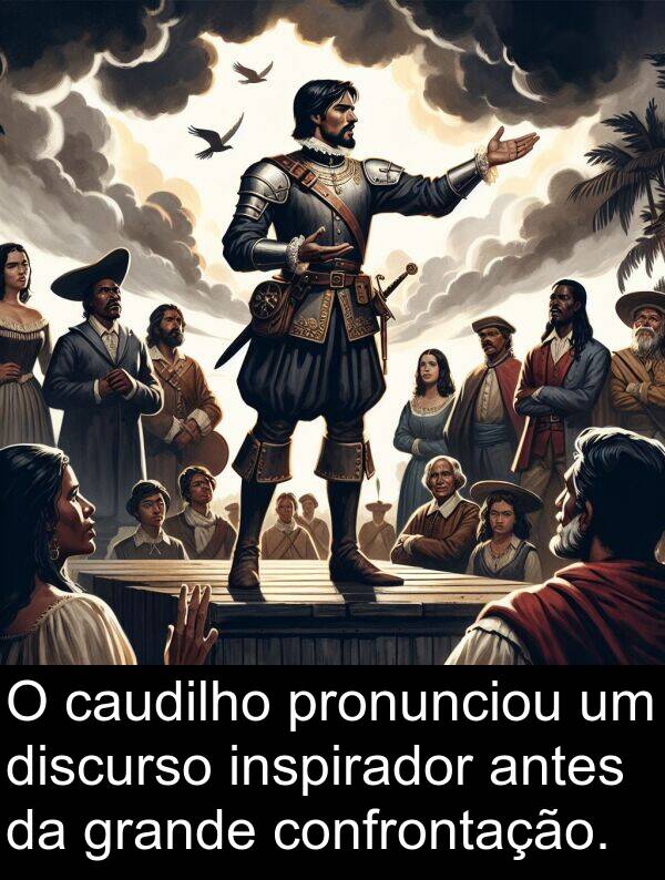 pronunciou: O caudilho pronunciou um discurso inspirador antes da grande confrontação.