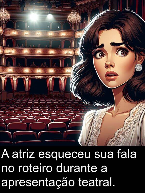 fala: A atriz esqueceu sua fala no roteiro durante a apresentação teatral.