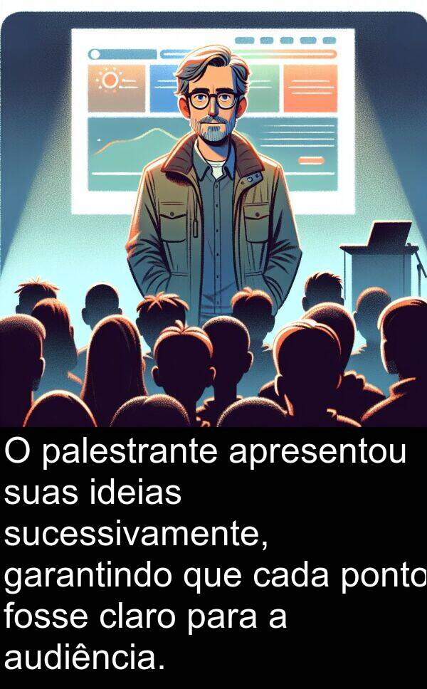 garantindo: O palestrante apresentou suas ideias sucessivamente, garantindo que cada ponto fosse claro para a audiência.