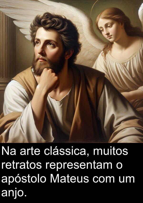 arte: Na arte clássica, muitos retratos representam o apóstolo Mateus com um anjo.