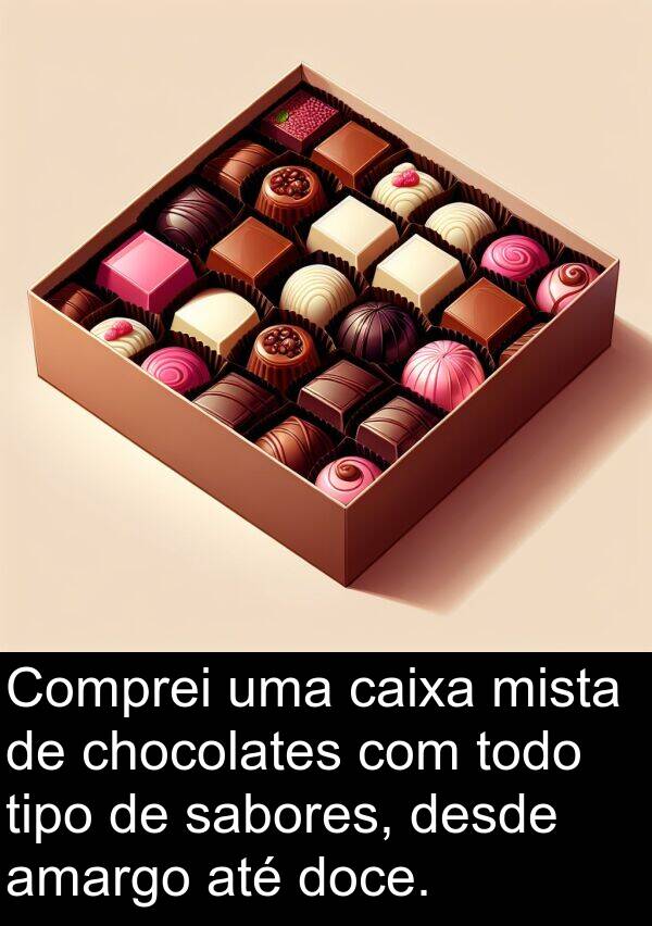 sabores: Comprei uma caixa mista de chocolates com todo tipo de sabores, desde amargo até doce.